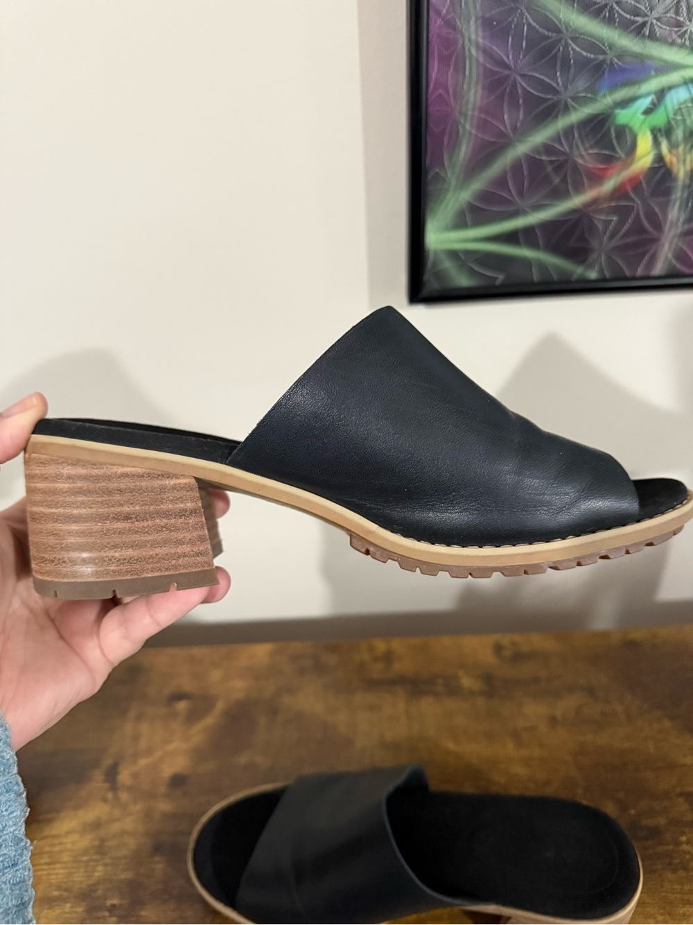 Timberland Black Leather Slide Sandals with Tan Wood Heel - Picture 6 of 10